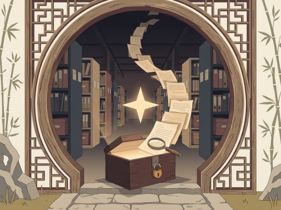 Boîte d’archives entrouverte, un cadenas ouvert au fermoir et une loupe posée sur les feuillets.