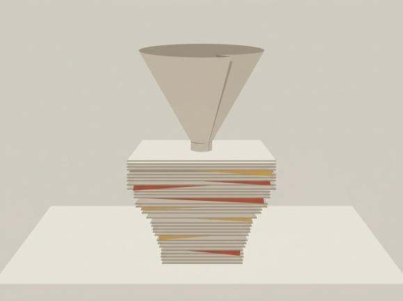 Entonnoir de papier au-dessus d'une pile de feuillets qui s'amenuise vers le bas.